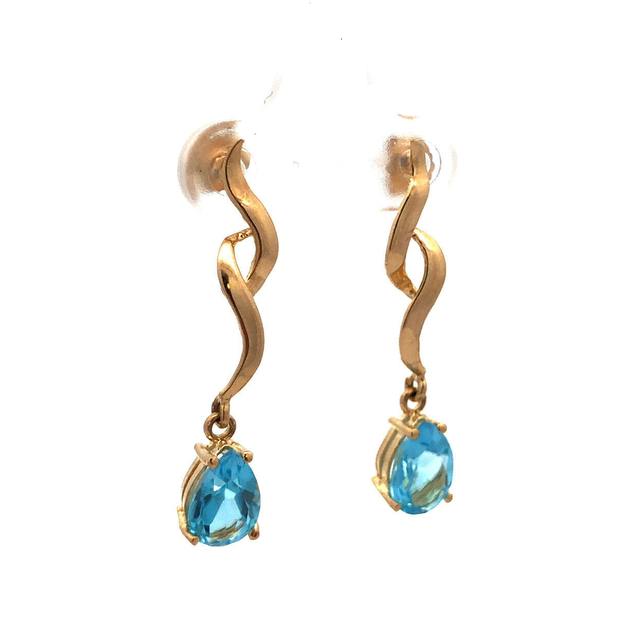 Designer ATL 14K Yellow Gold Pear Cut Blue Topaz Modernist Dangle Stud Earrings