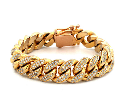 Solid 10K Yellow Gold Pave Diamond Encrusted Miami Cuban Link Statement Bracelet