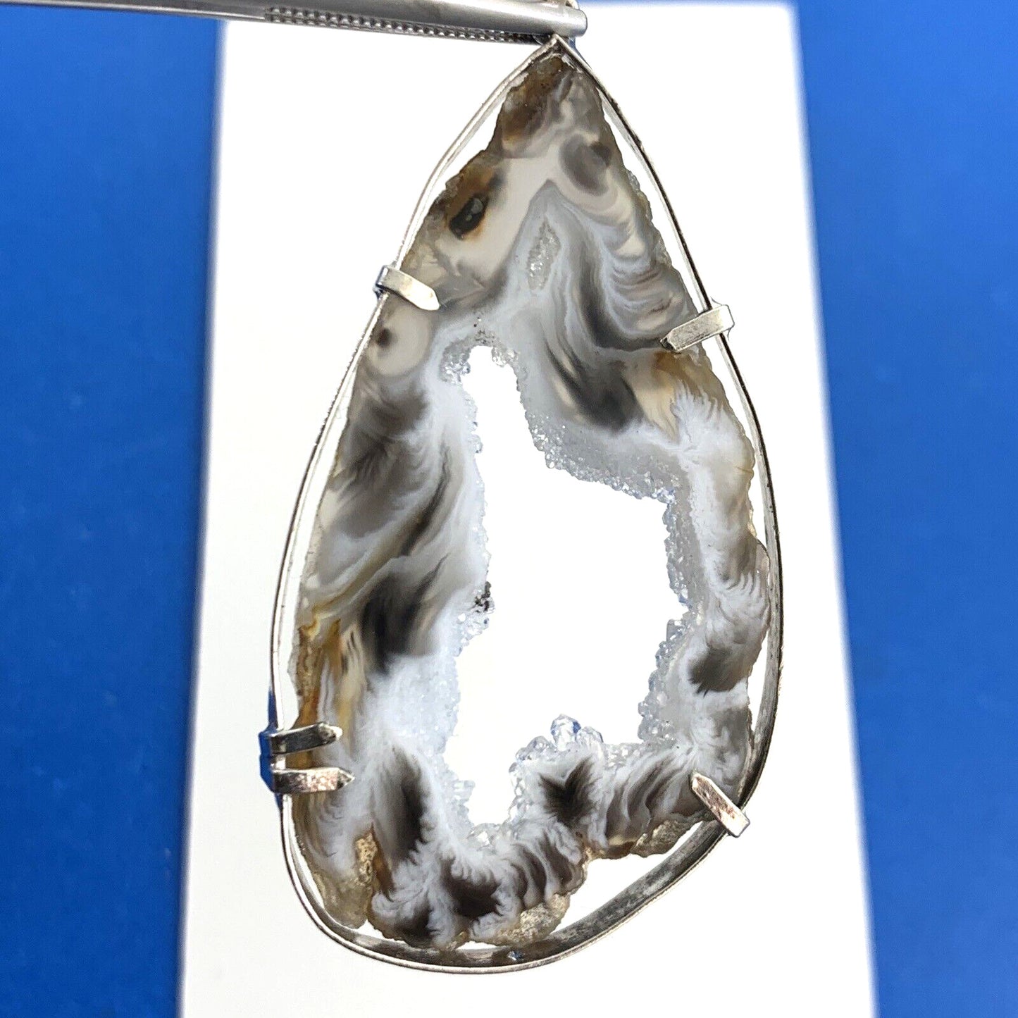 Estate Artisan 925 Sterling Silver Black White Quartz Druzy Geode Slice Pendant