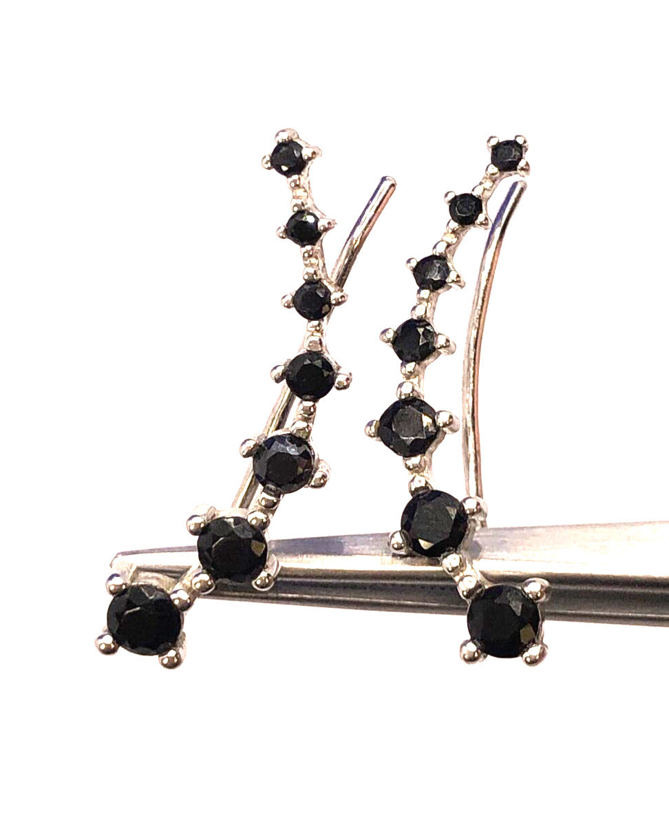 925 Sterling Silver Round Black Onyx Graduated Climber Earrings