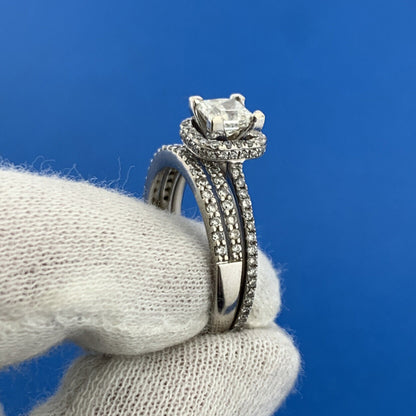 14K White Gold Princess Diamond Solitaire Halo Accented 1.35 TCW Bridal Set