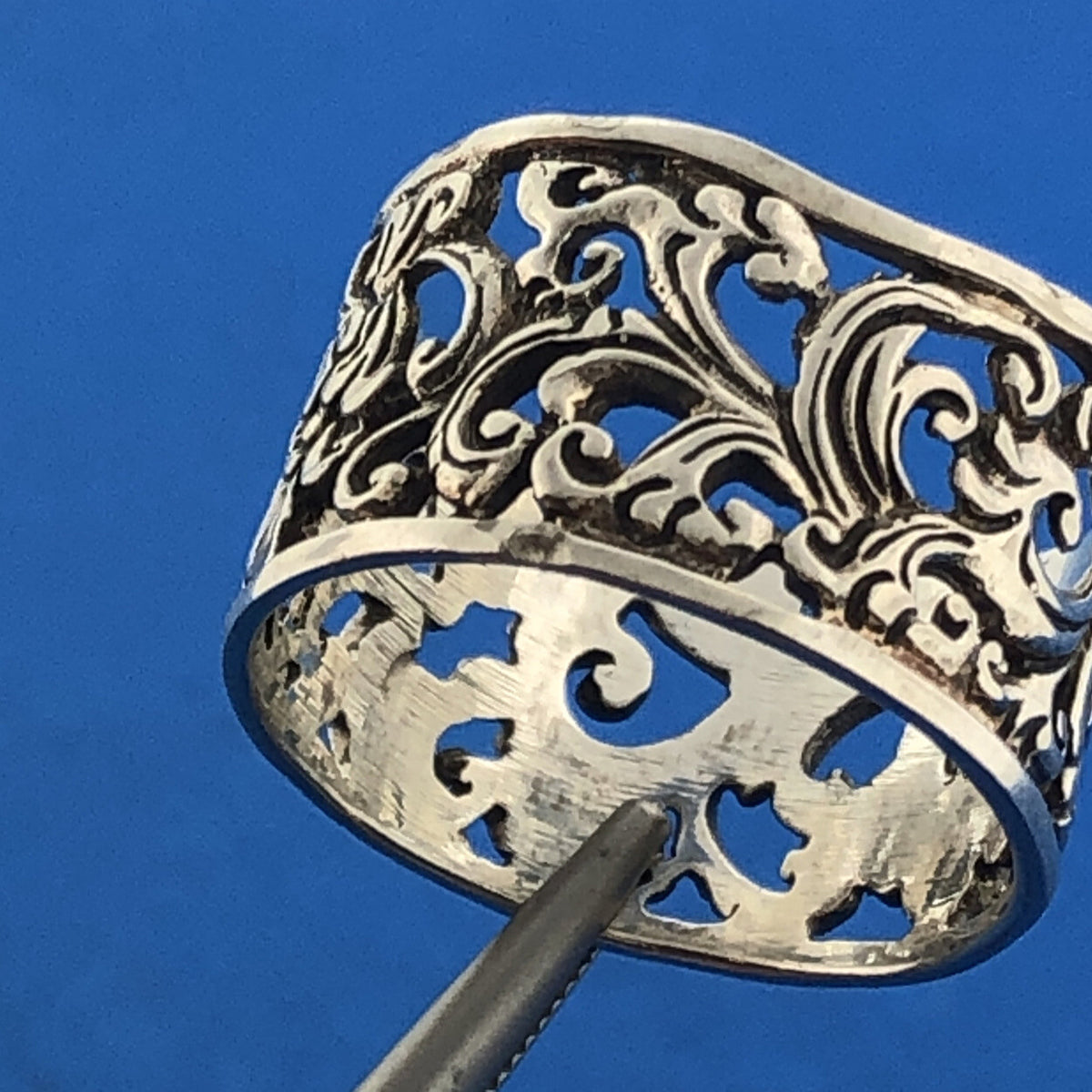 Sterling Silver 925 Abstract Floral Filigree Openwork Cigar Band Ring Size 8.25