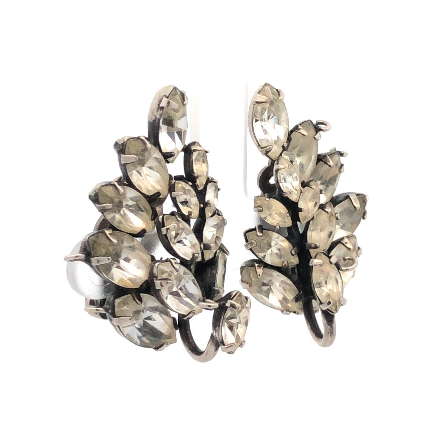 Vintage Kramer New York Silver Tone Marquise Rhinestone Statement Clip Earrings