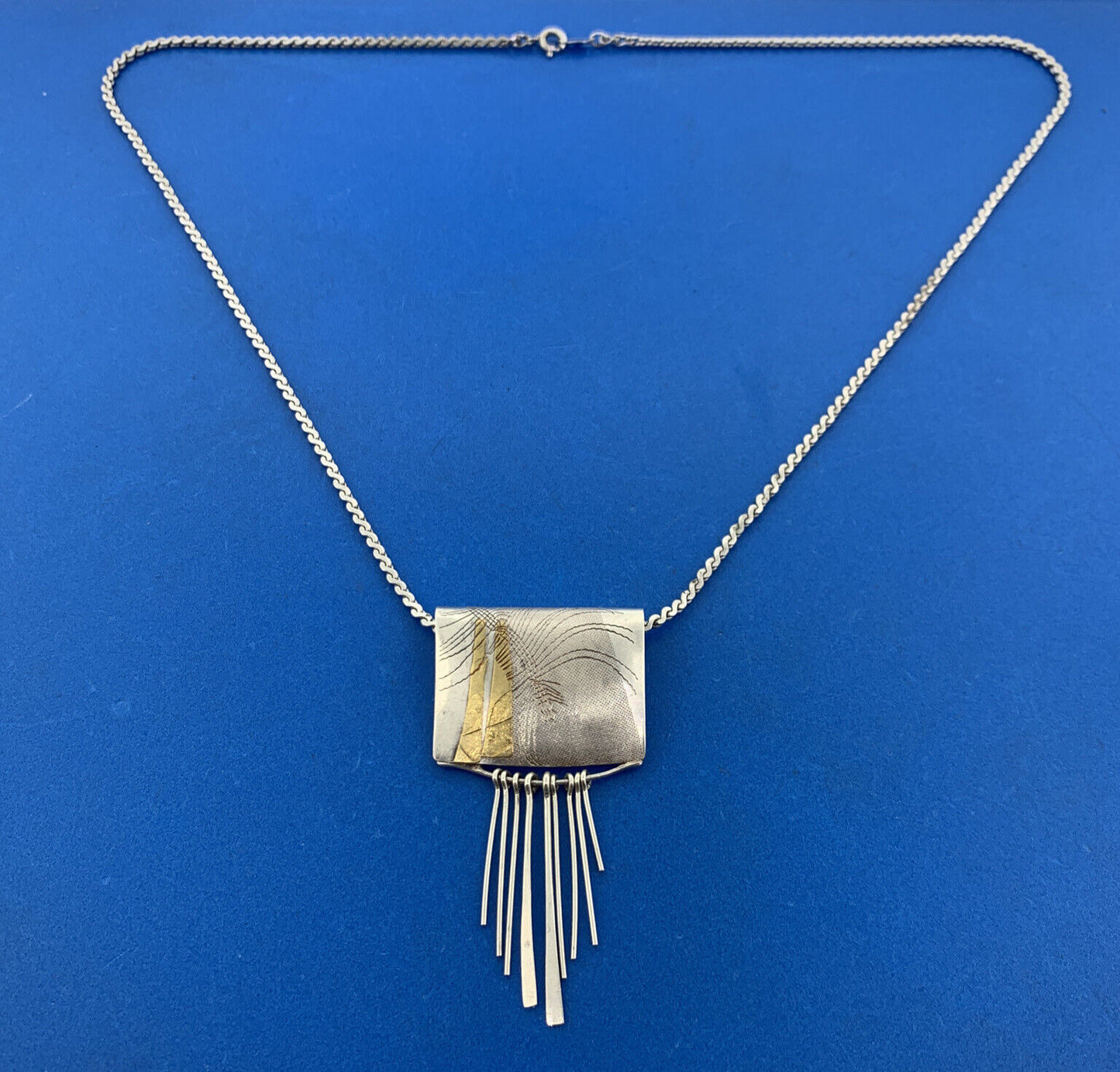 Vintage Signed Artisan 925 Sterling Silver Modernist Abstract Two Tone Necklace