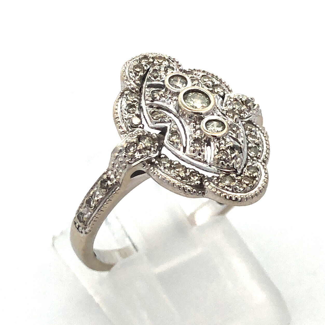 Art Deco Design 14K White Gold Round Diamond Oval Statement Ring