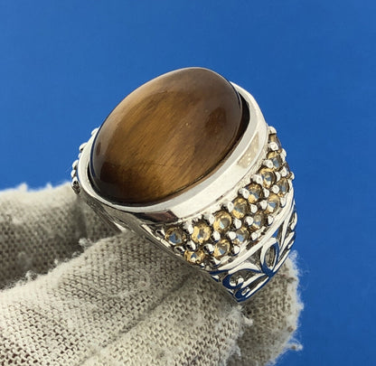 Designer GRP Sterling Silver 925 Tigers Eye Topaz Statement Cocktail Ring