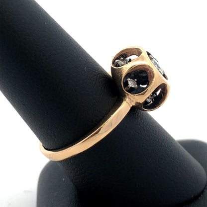 14K Yellow Gold Designer NW  Round Diamond Black Enamel Modernist Round Ring