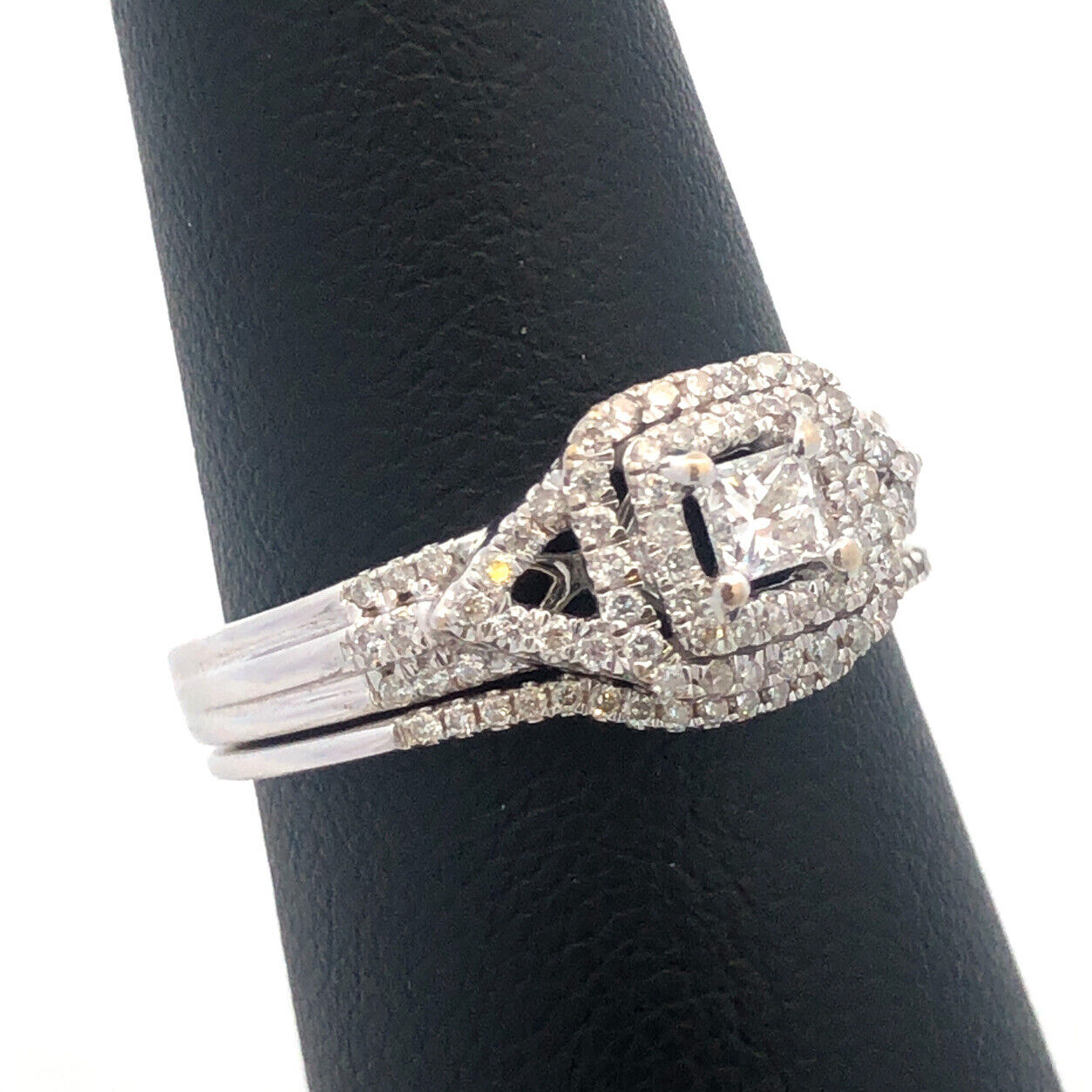 14K White Gold Princess Diamond Center Solitaire Double Halo 2 Ring Bridal Set