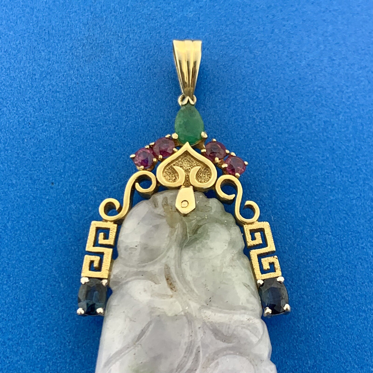 Gorgeous 18k Yellow Gold Carved White Jade Emerald Ruby Sapphire Dangle Pendant