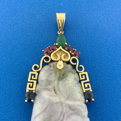 Gorgeous 18k Yellow Gold Carved White Jade Emerald Ruby Sapphire Dangle Pendant