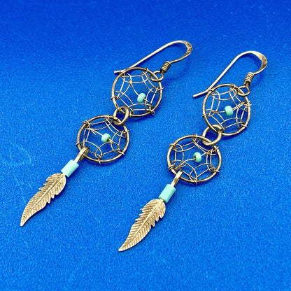 Artisan Sterling Silver 925 Turquoise Intricate Dream Catcher Dangle Earrings