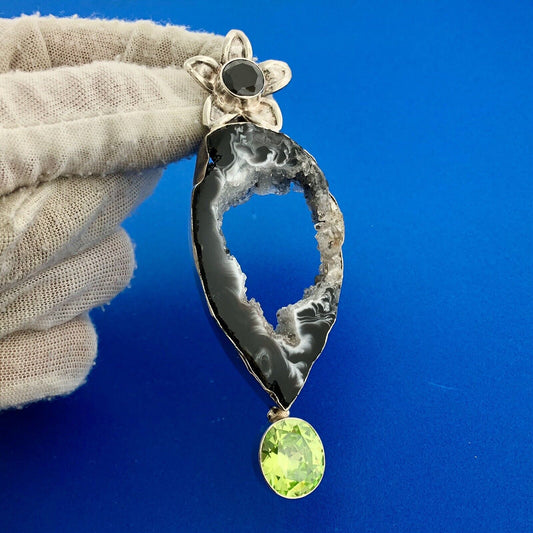 Stunning Sterling Silver 925 Druzy Quartz Black Chartreuse CZ Statement Pendant