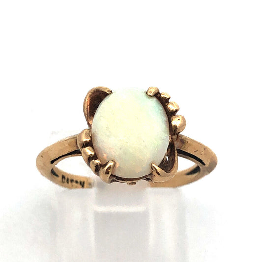 Vintage 10K Yellow Gold Oval Opal October Birthday Anniversary Cocktail Ring