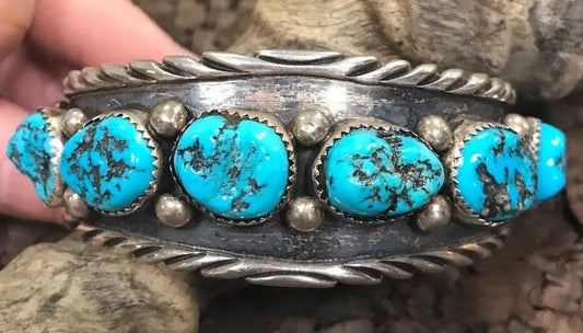 Navajo Clem Nalwood Sterling Silver 925 Turquoise Nugget Statement Cuff Bracelet