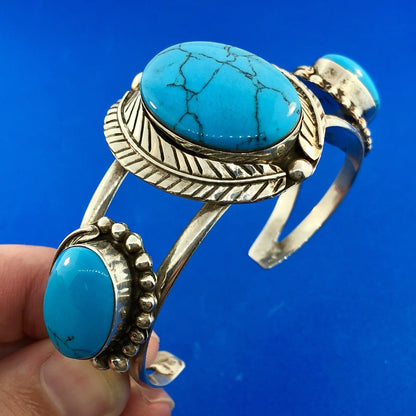 Vintage Taxco TC-216 Sterling Silver 925 Turquoise Trio Statement Cuff Bracelet