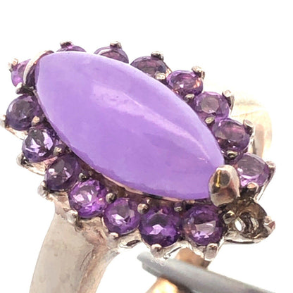 Vintage GSJ 925 Sterling Silver Marquise Purple Jade Amethyst Halo Cocktail Ring