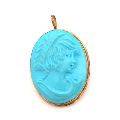 Designer Vintage 14K Yellow Gold Oval Blue Carved Cameo Brooch Pendant
