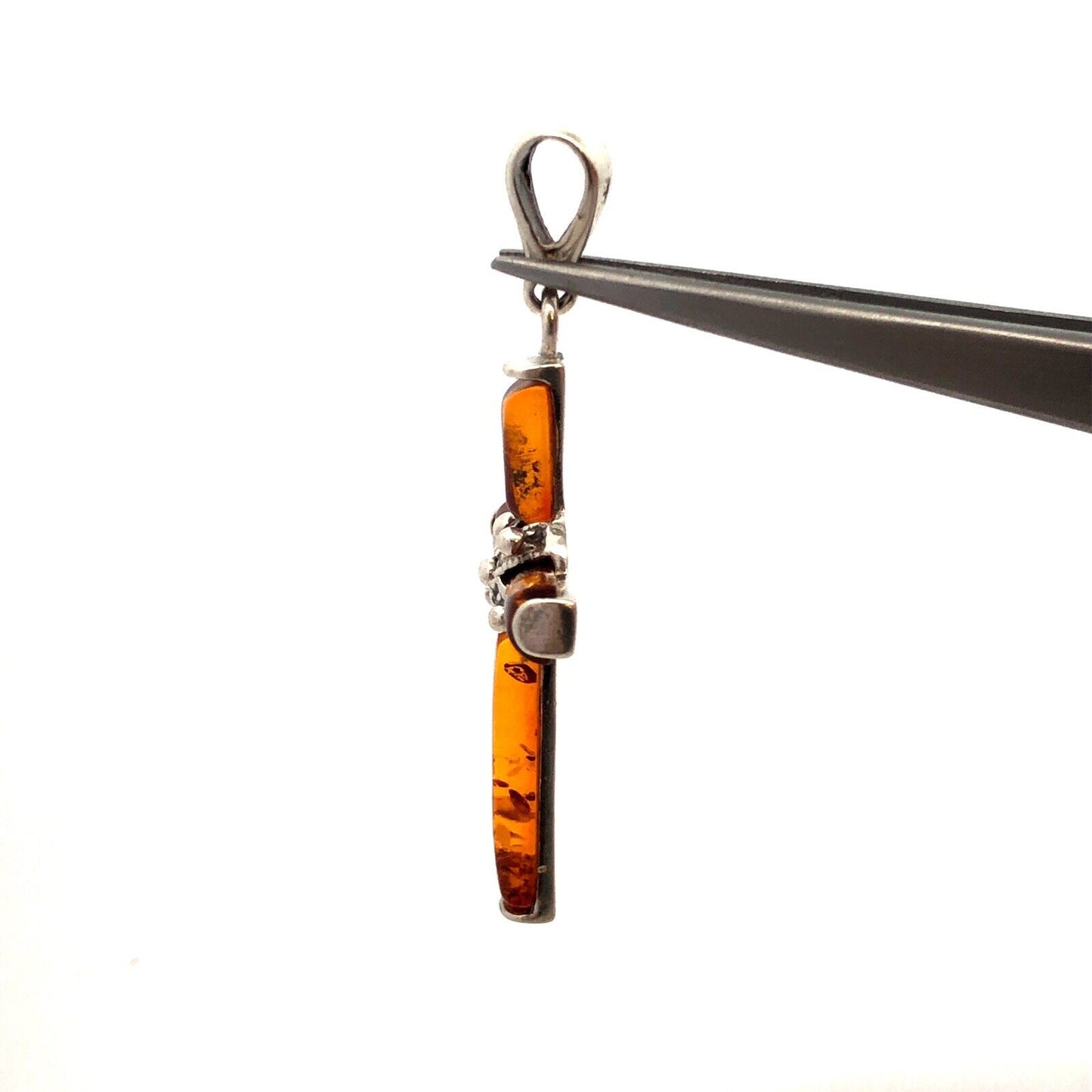 Vintage 925 Sterling Silver Orange Amber Cross Pendant