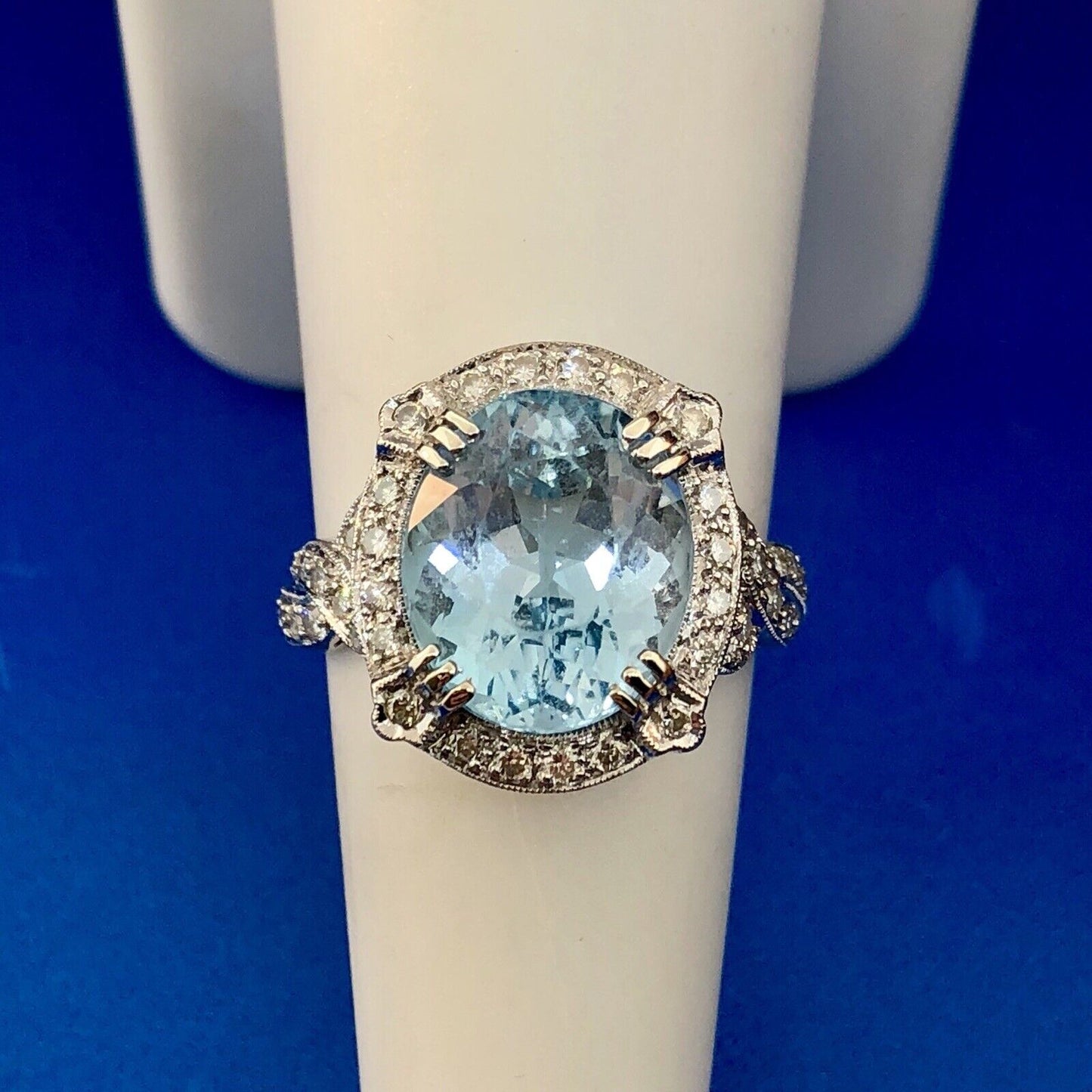 Lovely 18K White Gold Swiss Blue Topaz Diamond Halo December Statement Ring