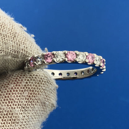 Stunning Sterling Silver 925 Round Cut Pink White Sparkling CZ Band Ring Size 6