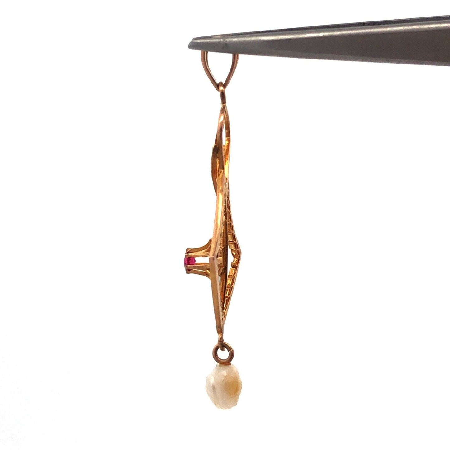 Lovely 10k Yellow Gold Round Cut Ruby and Pearl Cutout Floral Pendant