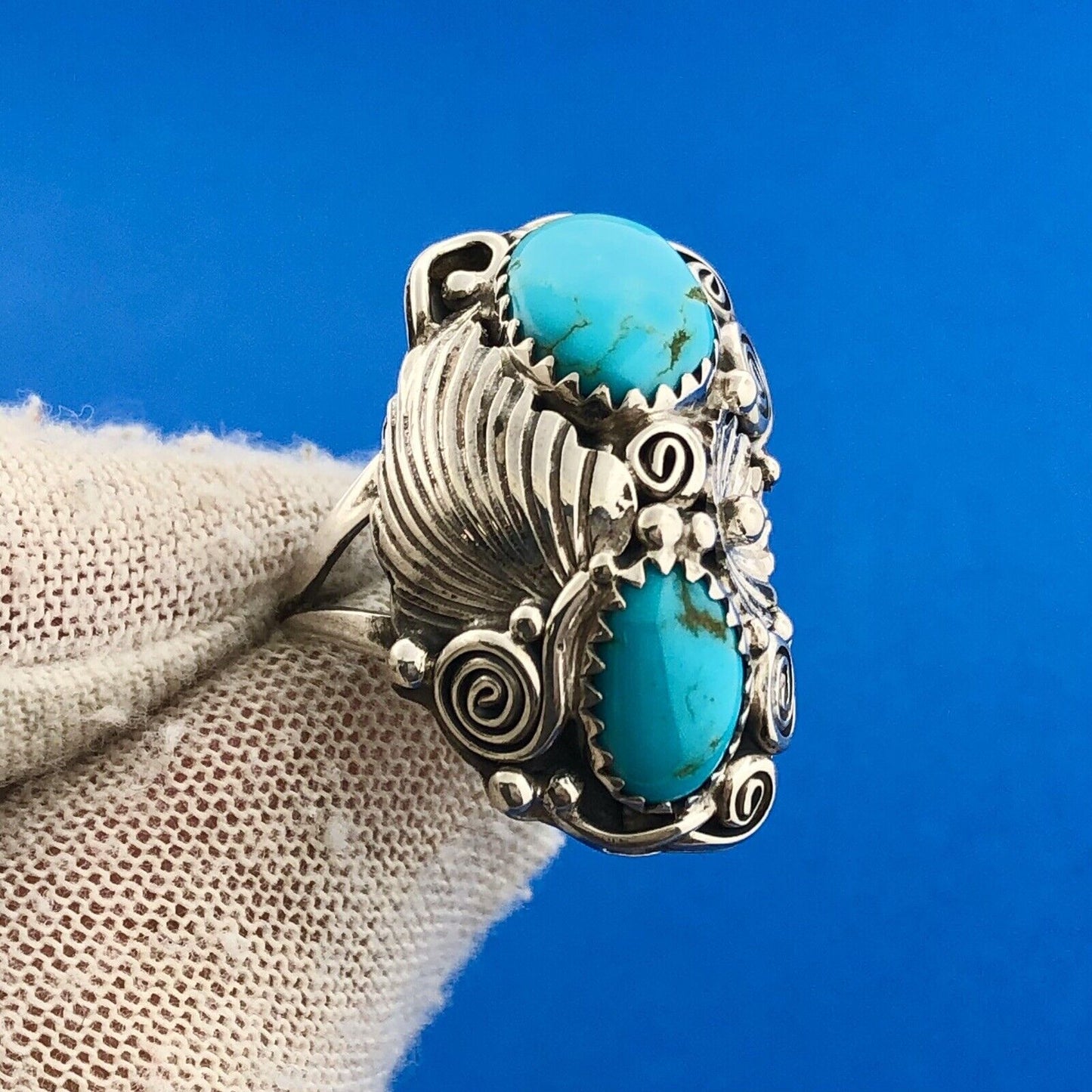 Stunning Sterling Silver 925 Cabochon Turquoise Spiral Floral Finger Ring Size 8