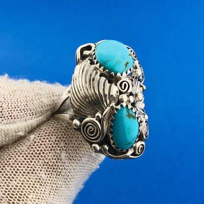 Stunning Sterling Silver 925 Cabochon Turquoise Spiral Floral Finger Ring Size 8