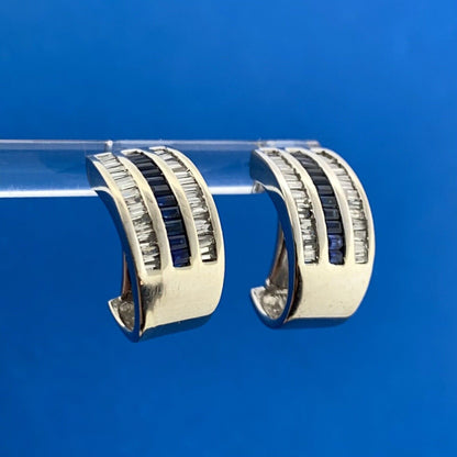 Retro 14K White Gold Channel Set Sapphire Diamond September Anniversary Earrings
