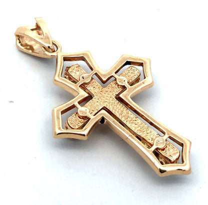 Estate 14K Yellow Gold Round Diamond Black Enamel Statement Cross Pendant