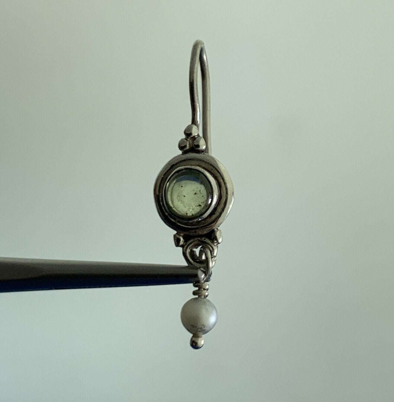 Estate 925 Sterling Silver Peridot Cabochon Pearl Balinese Dangle Drop Earrings