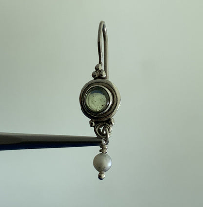 Estate 925 Sterling Silver Peridot Cabochon Pearl Balinese Dangle Drop Earrings