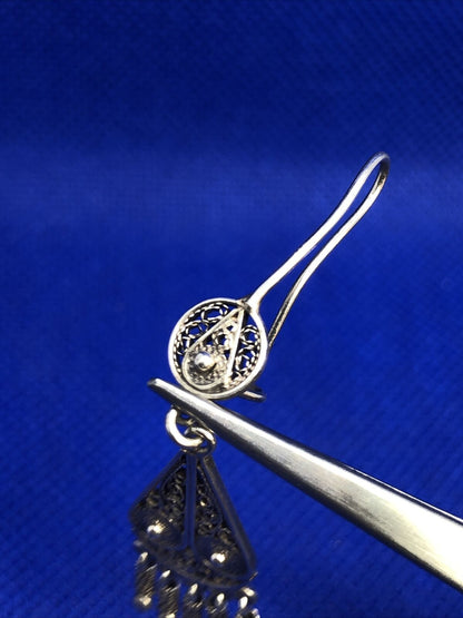 Beaded Filigree 925 Sterling Silver Dangle Drop Hook Earrings