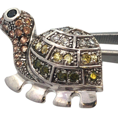 Adorable 925 Sterling Silver Mixed Colored Cubic Zirconia Turtle Pendant