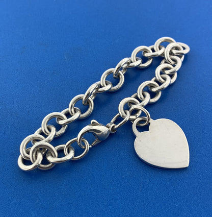 Tiffany & Co 925 Sterling Silver Engravable Heart Tag Rolo Link Bracelet