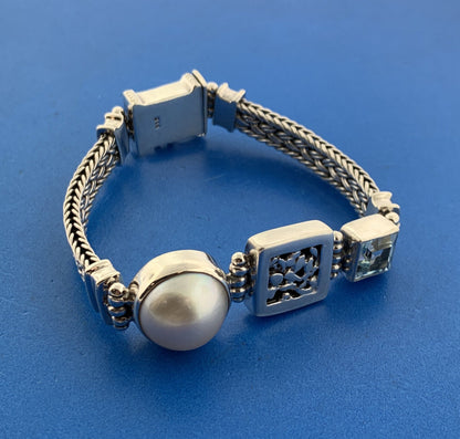 Retro Sterling Silver Mabe Pearl Blue Topaz Balinese Style Statement Bracelet
