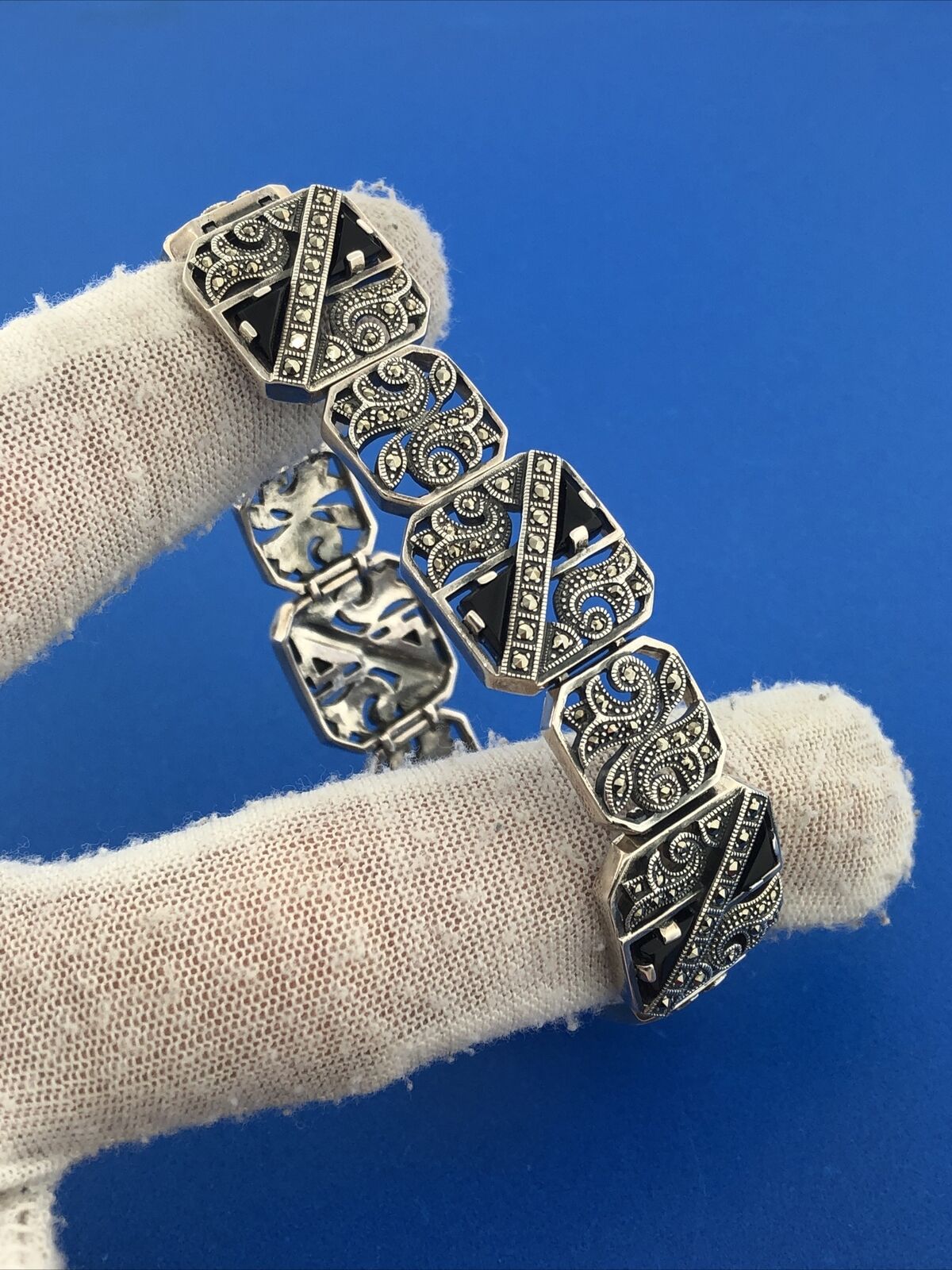 Art Deco Style 925 Sterling Silver Black Onyx Marcasite Scroll Panel Bracelet