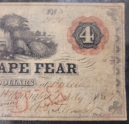 1859 $4 PMG VF20 Bank of Cape Fear, Salem, North Carolina Obsolete Bank Note