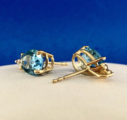 14K Yellow Gold Swiss Blue Topaz Diamond December Anniversary Pear Stud Earrings
