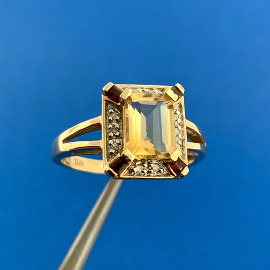 Designer 10K Yellow Gold Citrine Garnet Diamond November Anniversary Ring