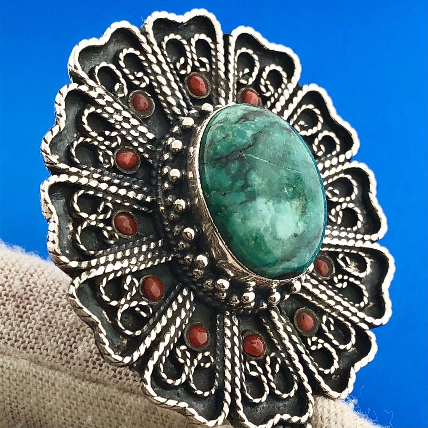 Stunning Sterling SIlver 925 Cabochon Turquoise Coral Accent Floral Pendant