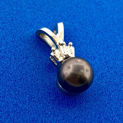 Designer 14K White Gold Black Pearl Diamond Charm Pendant