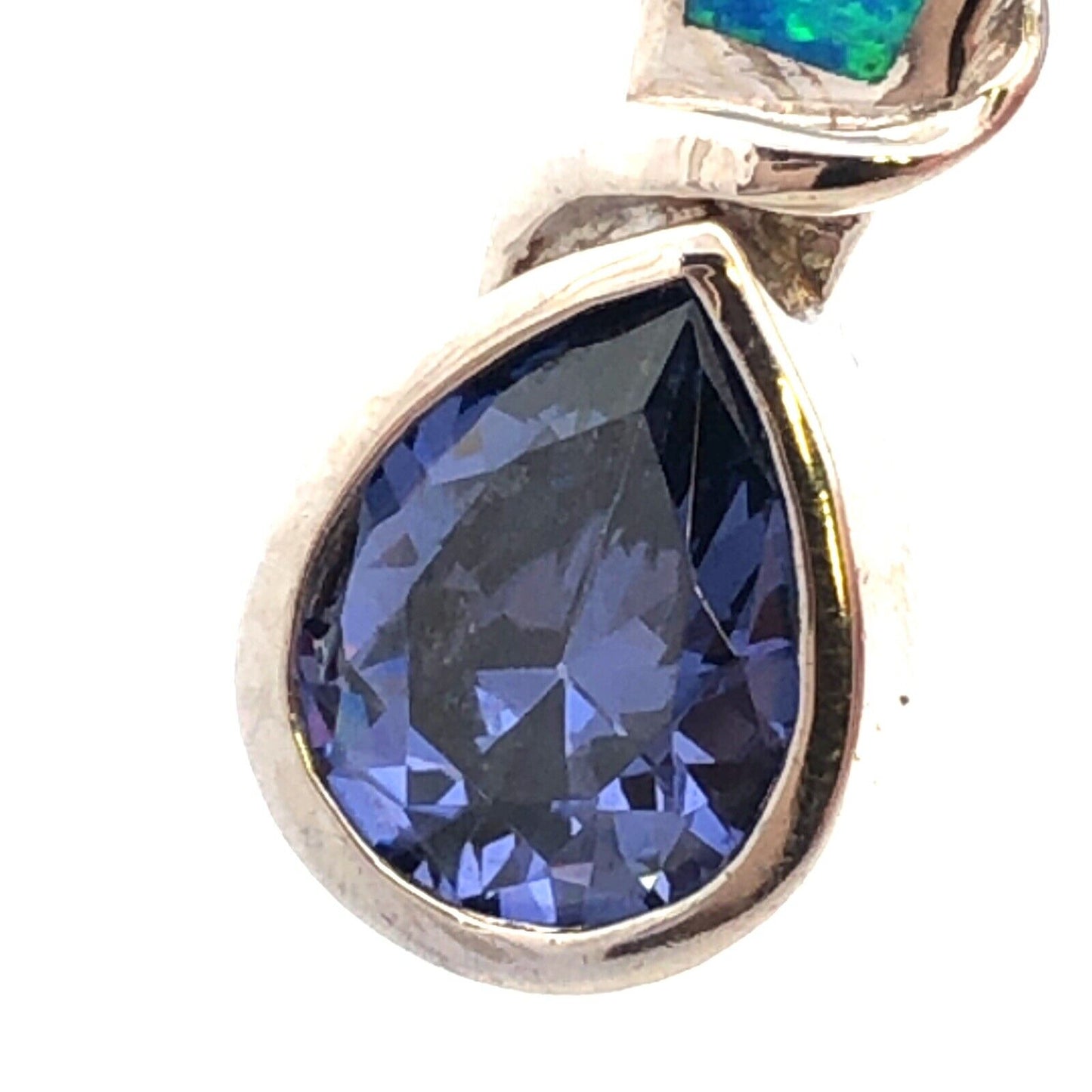 Designer 925 Sterling Silver Pear Tanzanite Opal Inlay Modernist Drop Pendant