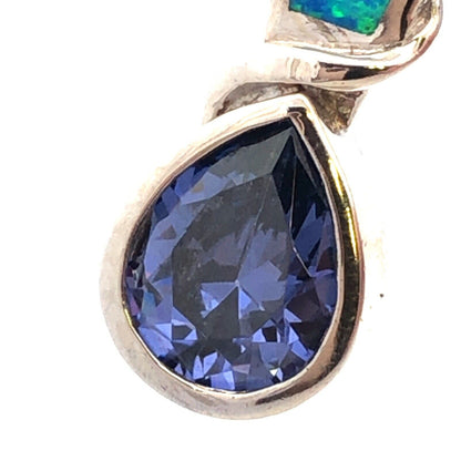 Designer 925 Sterling Silver Pear Tanzanite Opal Inlay Modernist Drop Pendant