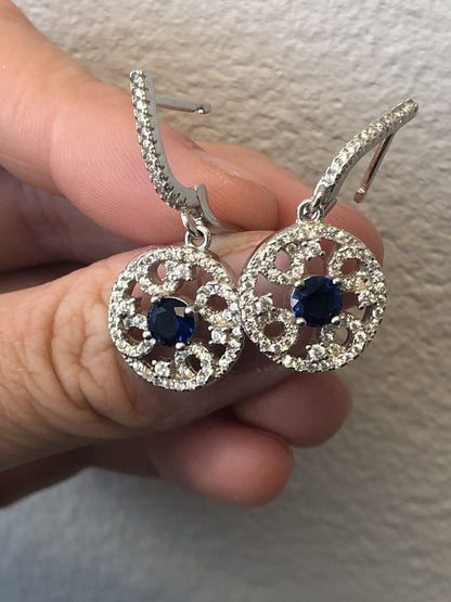 Elegant Sam & Co Sterling Silver 925 Blue Sapphire Diamond Drop Dangle Earrings