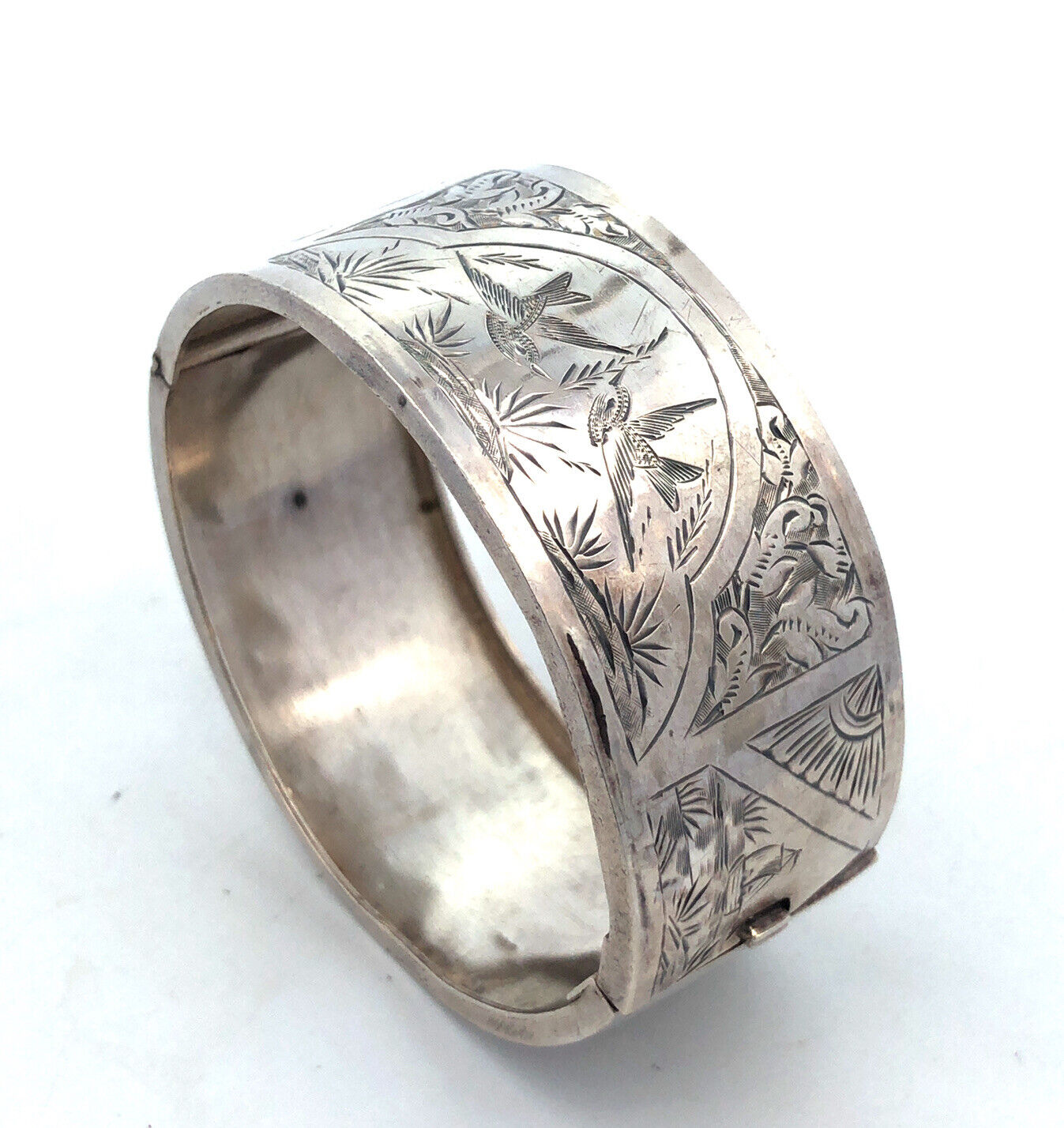 Vintage 925 Sterling Silver Wide Bird Nature Detail Hinged Cuff Bracelet