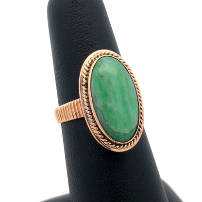 Vintage 14K Yellow Gold Oval Green Jade Bezel Solitaire Textured Statement Ring