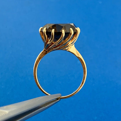Retro 10K Yellow Gold Smoky Quartz Solitaire Statement Cocktail Ring