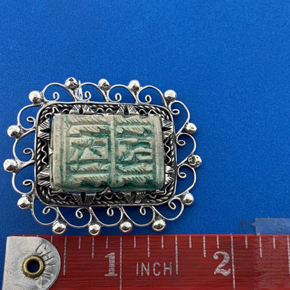 Antique 925 Sterling Silver Carved Scrimshaw Rectangle Open Work Pendant Brooch