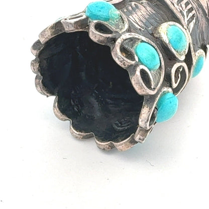 Vintage Taxco Mexico 925 Sterling Silver Turquoise Vines Scroll Thimble