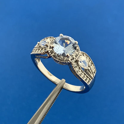 925 Sterling Silver Blue Spinel White Cubic Zirconia Halo Cocktail Ring